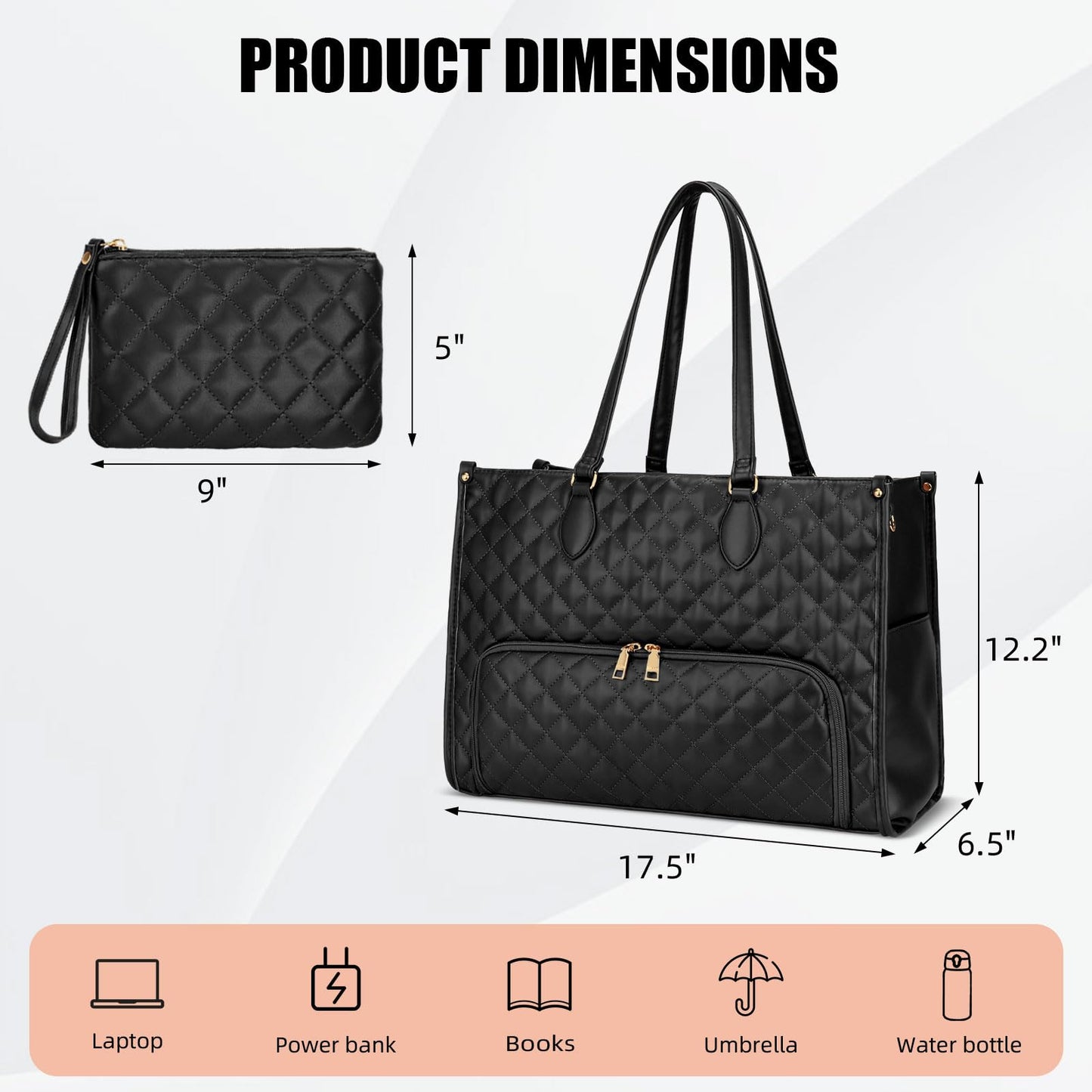 KKXIU Updated 2-in-1 Insulated Lunch Bag & 15.6 Inch Laptop Tote for Women, Large Capacity Thermal Meal Bag with Padded Laptop Compartment, Quilted Work Bag for Office, Teacher, Commuter (Black)