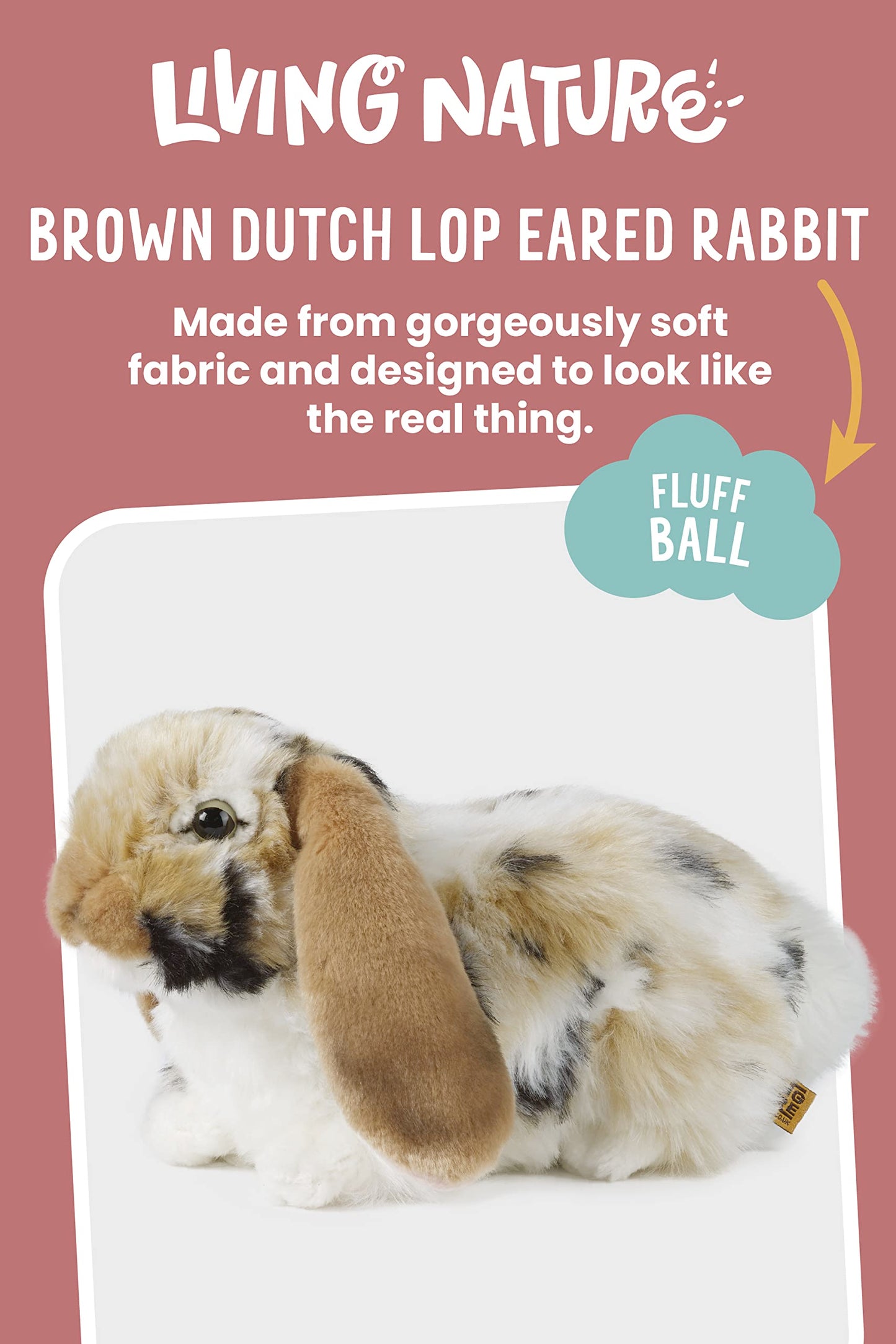 Living Nature Brown Dutch Lop Eared Rabbit, Realistic Soft Cuddly Bunny Toy, Naturli Eco-Friendly Plush, 10 Inches