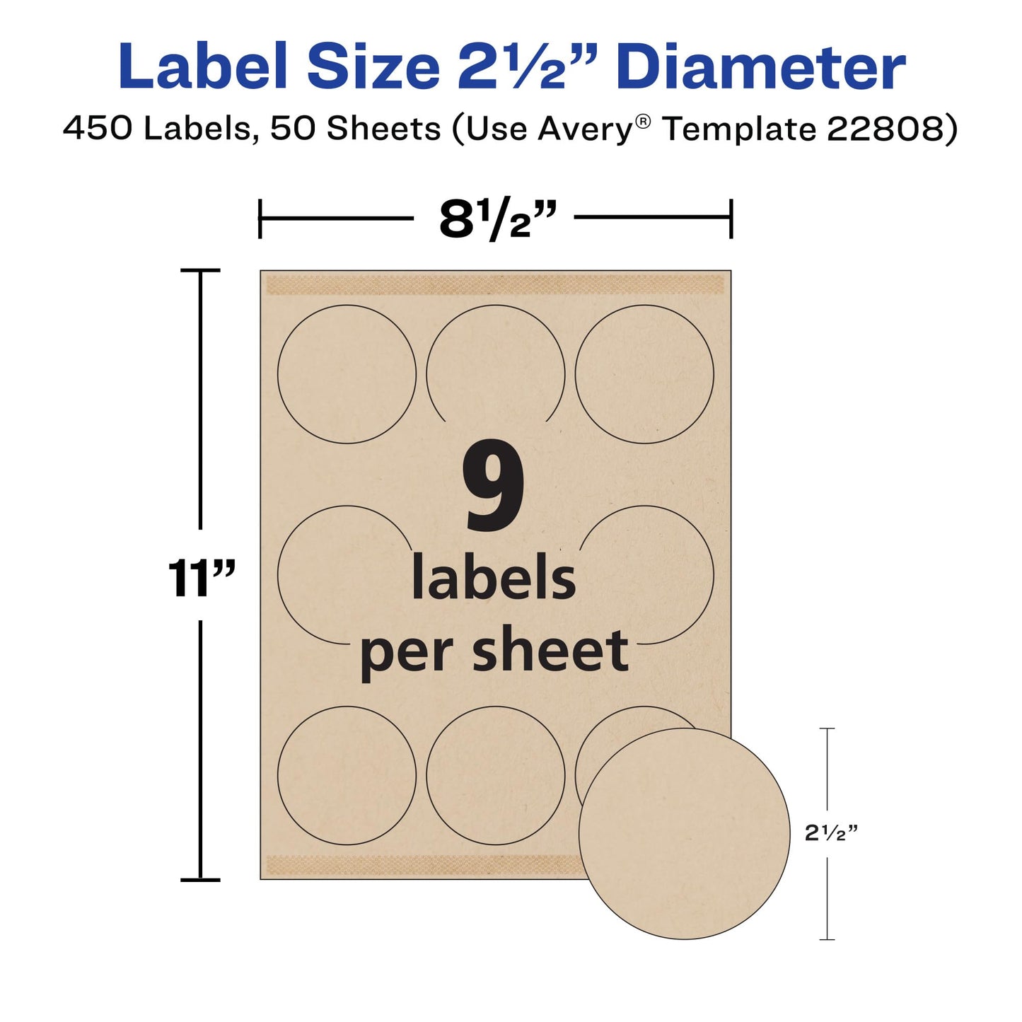 Avery Kraft Brown Round Labels with Sure Feed Technology, 2.5" Diameter, Print to the Edge, Laser/Inkjet Printable Labels, 2 Packs of 22808, 450 Total (5639)