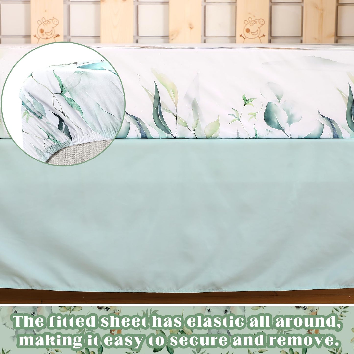 Hahafelt 3 Pcs Baby Crib Bedding Set Safari Animals Dinosaurs Bear Woodland Animals Jungle Crib Set Includes Quilt, Fitted Sheet, Skirt for Baby Boy Girl(Light Blue,Safari)