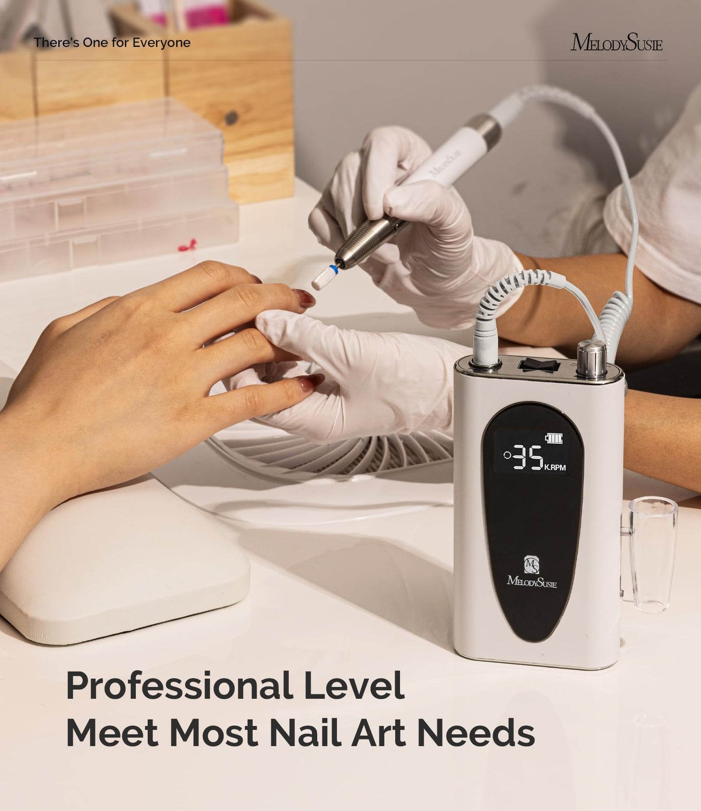MelodySusie 35000RPM MM400C Nail Drill Professional, Rechargeable Cordless Nail Drill Machine Portable Efile for Acrylic Gel Nails Remove, 8Pcs Nail Drill Bits, Low Noise Low Heat, Sparkle Plus, White