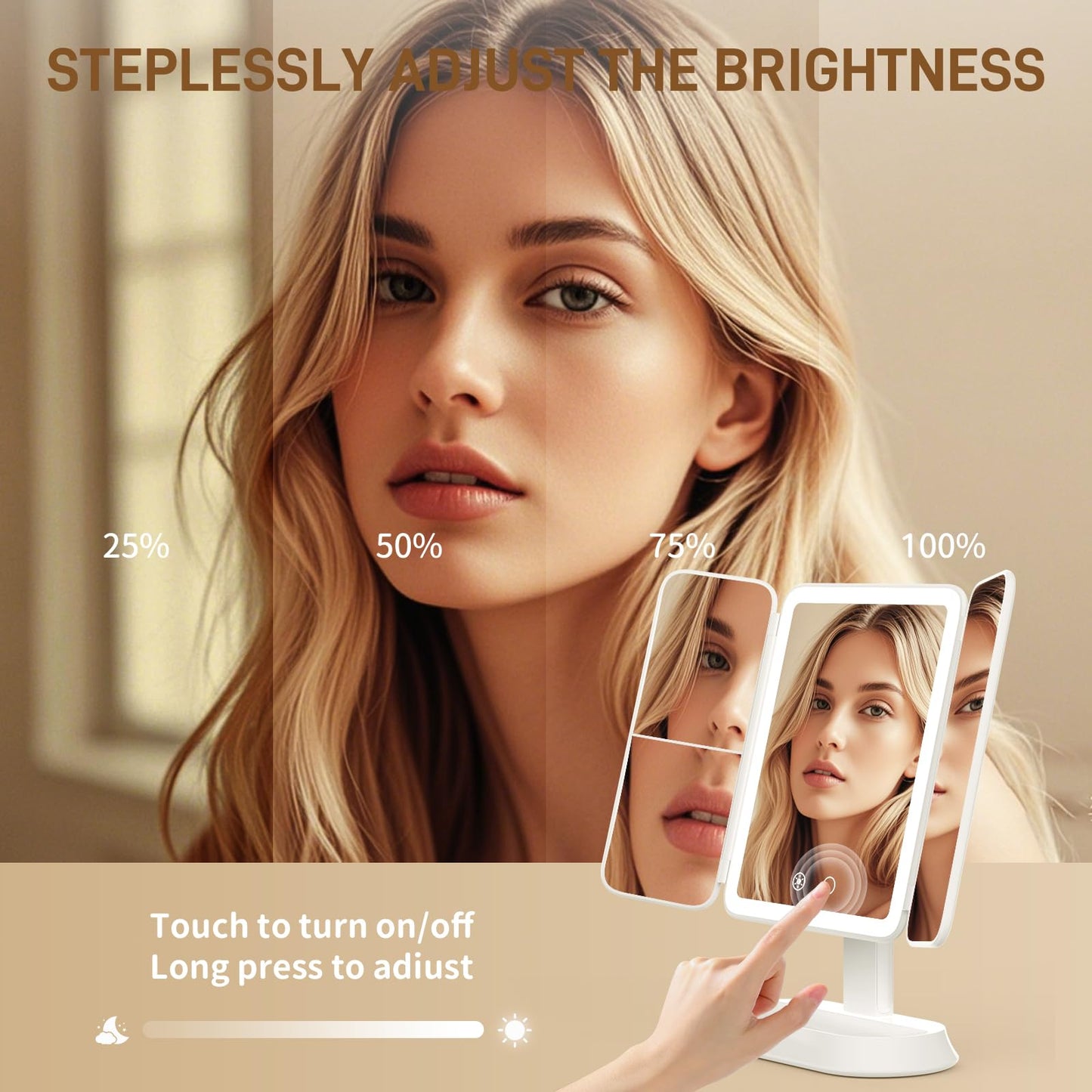 FRANO Makeup Mirror with Lights, Rechargeable Tri-Fold Magnifying Mirror,Touch Screen and 3X/5X/10X Magnification, Travel Mirror