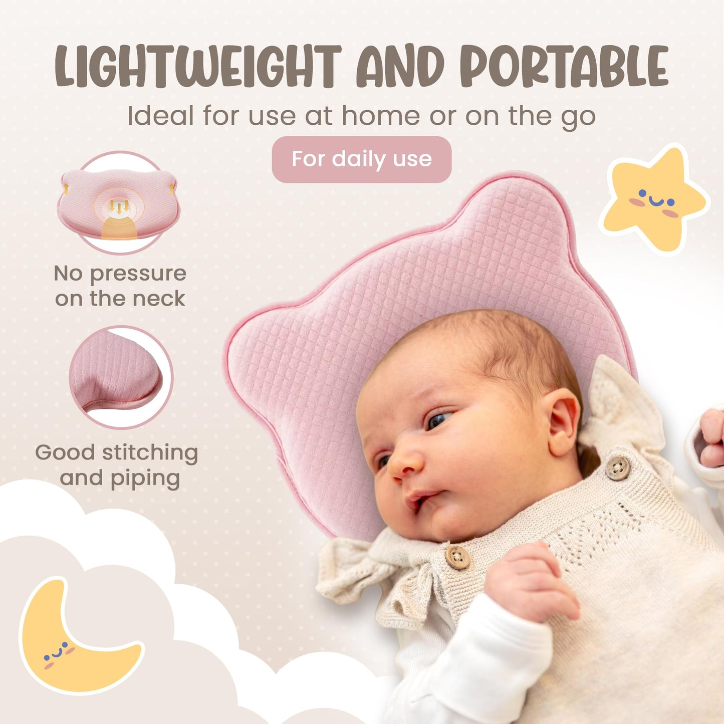 MarBoost Soft and Breathable Baby Pillow with Memory Foam and Bear Design (Pink)