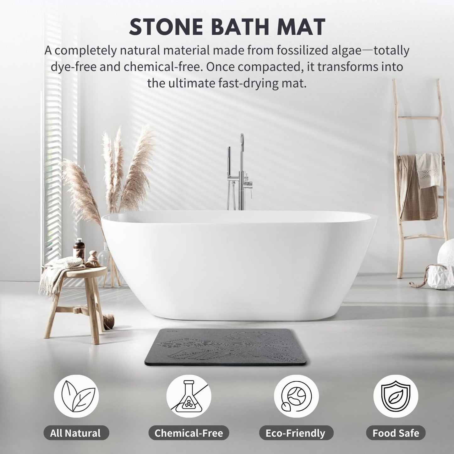 XMarrat Extra Large Stone Bath Mat Large, 31.5'' x 19.7'' Diatomaceous Earth Non-Slip Stone Shower Mat, Super Absorbent Diatomite Stone Mats for Bathroom, Quick Drying, Easy to Clean (Dark Gray)