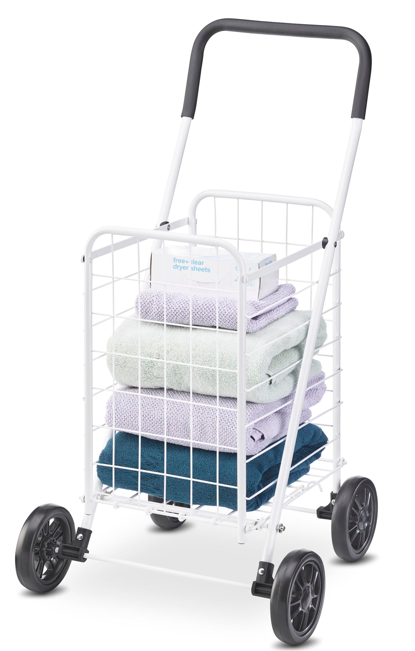 Whitmor Folding Utility Shopping Cart with Wheels, Heavy Duty Metal Grocery Cart, Portable Foam Handle, Rolling Collapsible Trolley for Groceries, Laundry, Storage, White