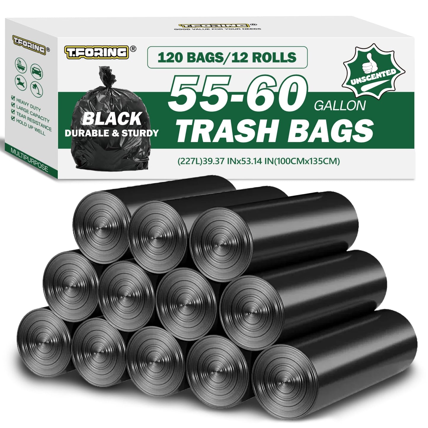 T.FORING 55-60 Gallon Black Trash Bags 120 Count - 40''x53'' Extra Large 50+ Gallon Garbage Bags,Unscented Strong Huge Can Liners for Construction Industrial Yard Outdoor Commercial