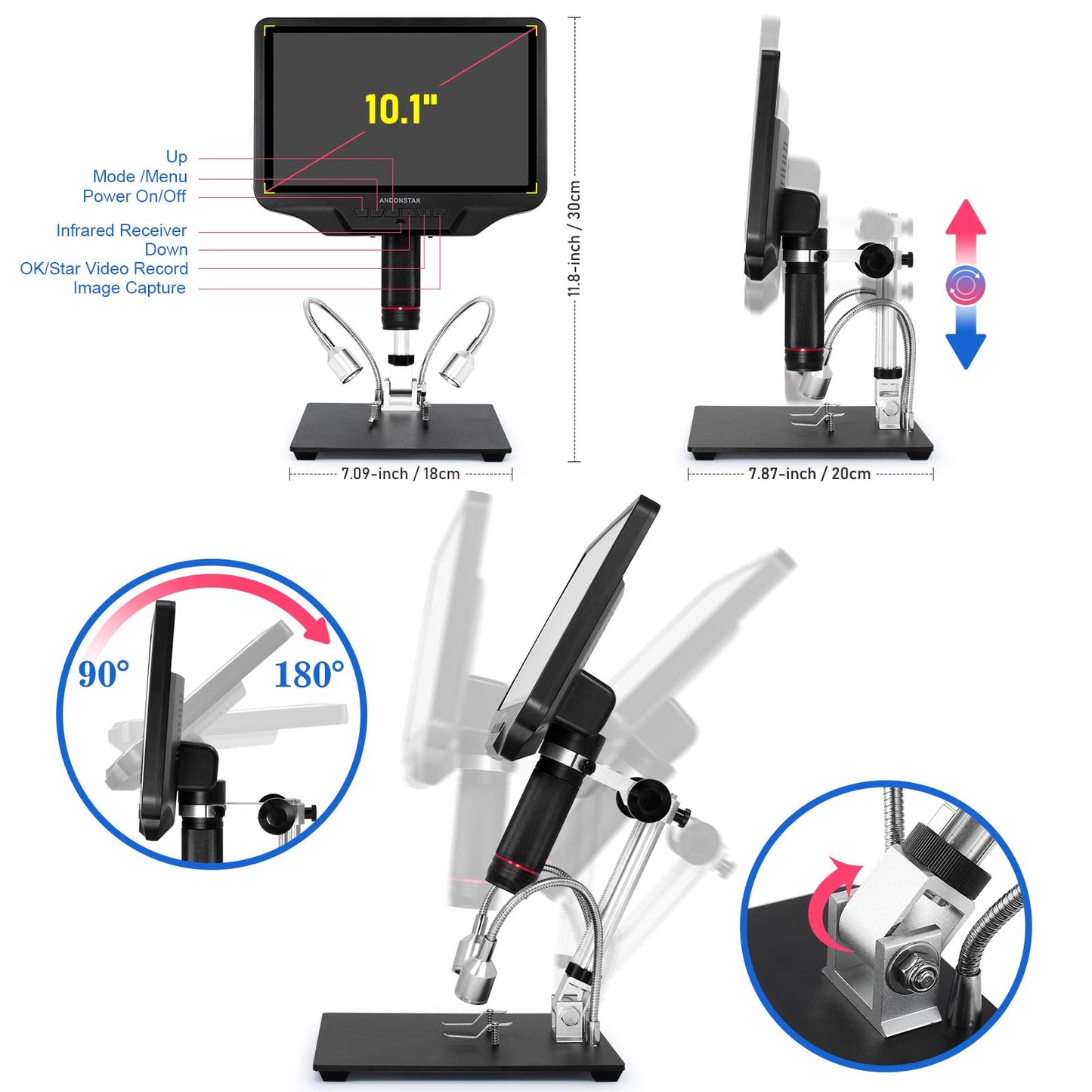 Andonstar 10.1'' WIFI HDMI Digital Microscope AD409, 1080P Long Object Distance PCB Soldering Microscope for Electronics Repair, Support PC Connection to Measure