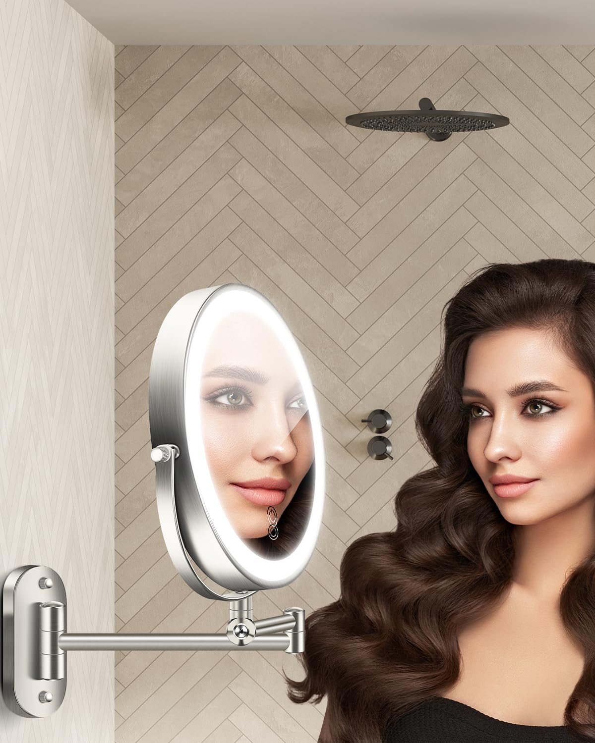 9'' 30X/1X Wall Mounted Lighted Makeup Mirror, Height Adjustable Double Sided 5000mAh Rechargeable Magnifying Bathroom Mirror with Light, 3 Color Modes Touch Dimmable Extended Arm 360 Rotation