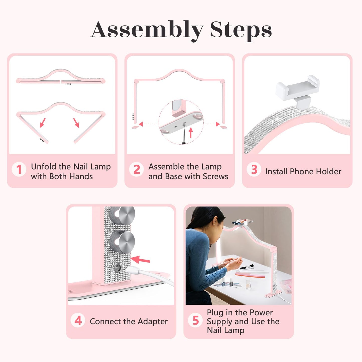 Yokilly Arc Half Moon Light: 34" Shadow-Free Half Moon Light for Desk Salon - Foldable LED Desk Lamp with Stepless Brightness for Manicurist (Pink)