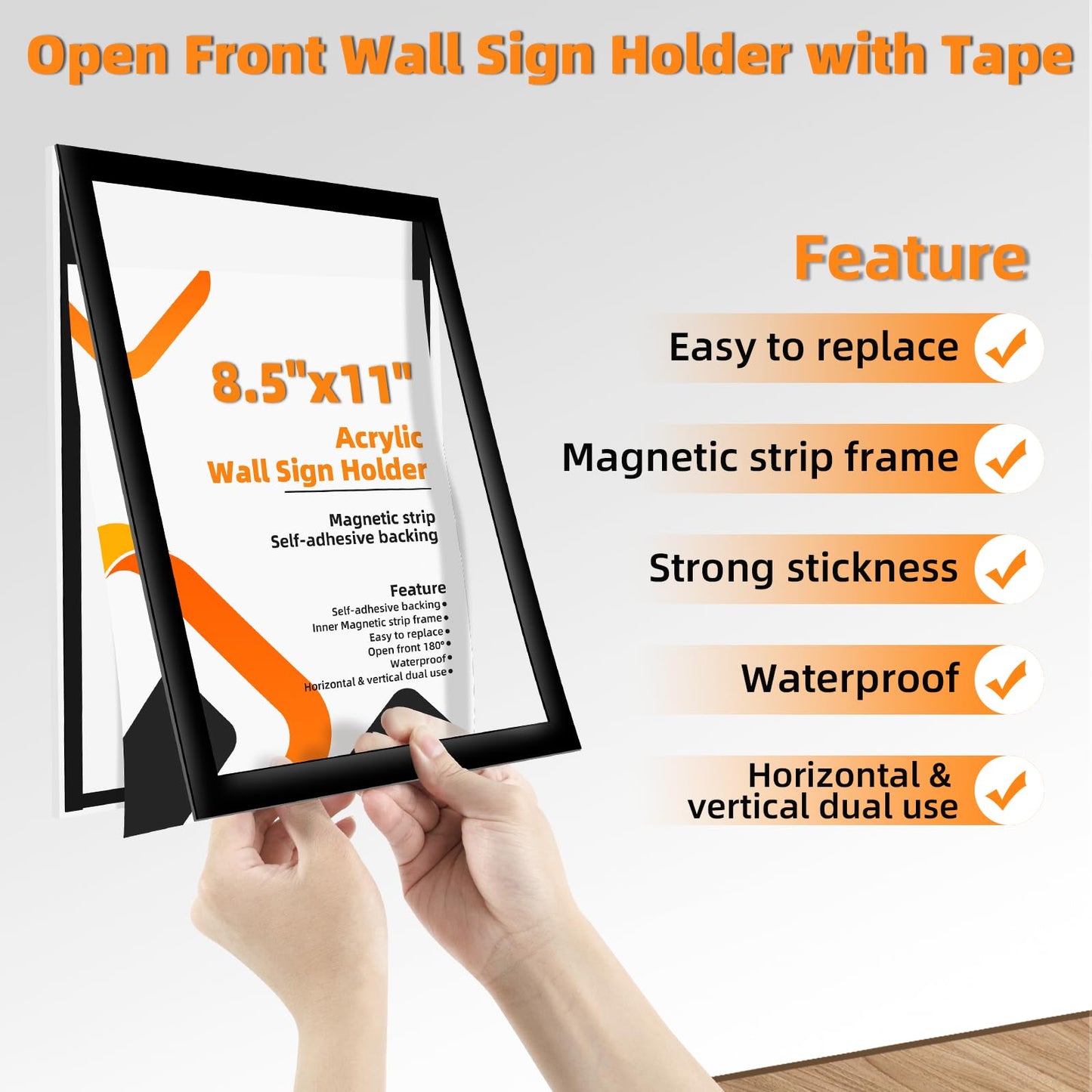 PUJIANG 6 Pack Acrylic Sign Holder 8.5x11 Wall Mount,Clear Wall Sign Holder with Tape,Horizontal & Vertical Display,Plastic Sign Holder for Wall Door Glass Window Fridge-No Drilling