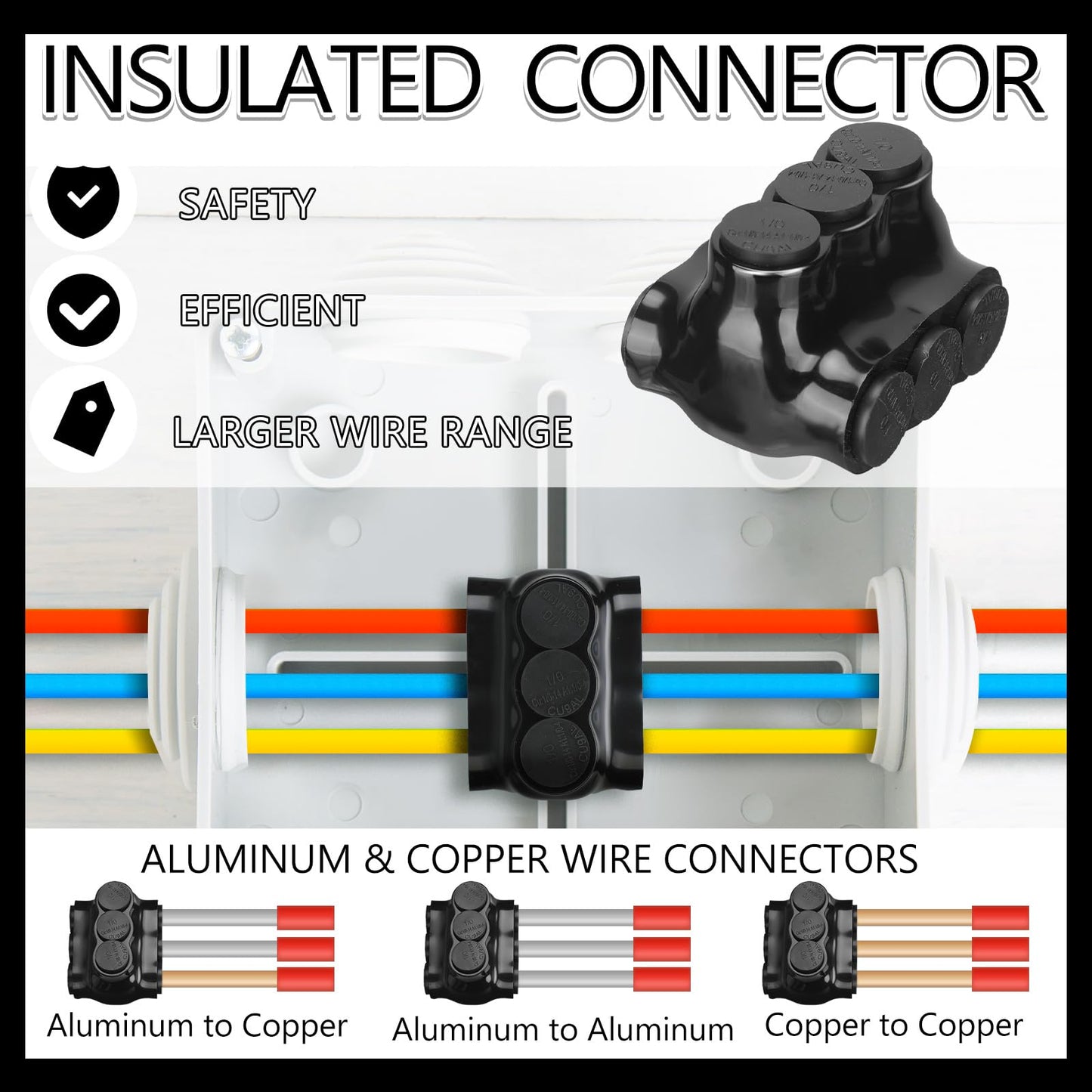 Copkim 5 Pack Black Multi Cable Connector Insulated Multi Tap Connector 3 Wire Port Splice Dual Sided Entry Prefilled with Oxide Inhibitor (1/0-14awg)