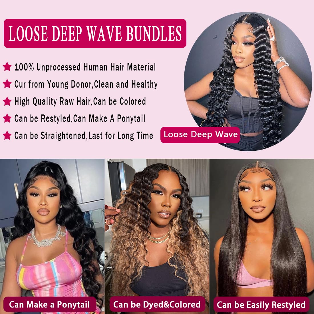 Taziza Loose Deep Wave Bundles Human Hair(14 16 18 Inch)10A Grade Brazilian Loose Deep Wave Human Hair Bundles 100% Unprocessed Virgin Hair Loose Wave Bundles for Black Women Natural Color