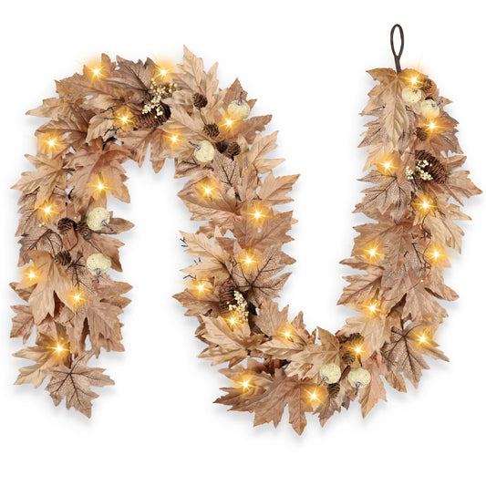 6 FT Fall Garland with Lights Timer Function Autumn Fall Leaves Garland with Berries Pine Cones Pumpkins Realistic Automatic ON/Off Timer Fall Decorations for Home Mantle Fireplace Porch Door Table