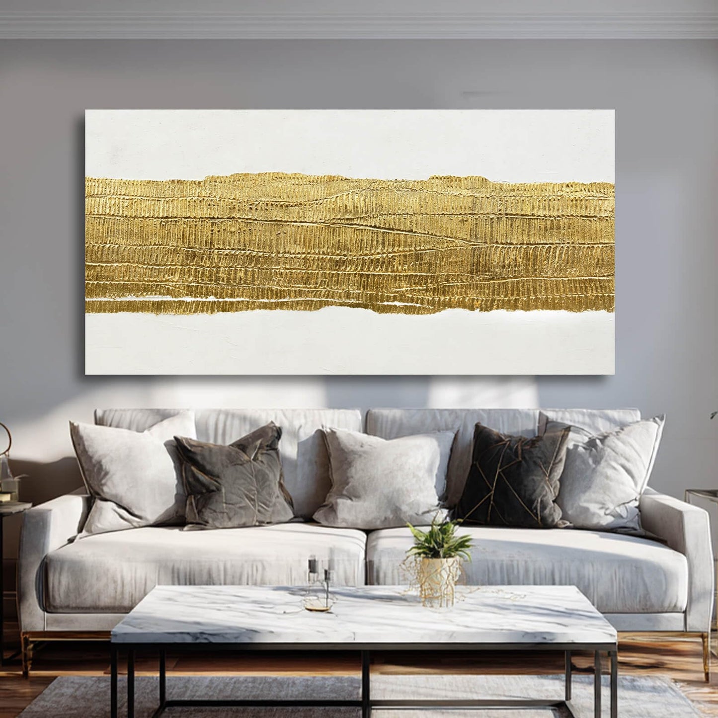 Kureful White and Gold Home Wall Decor Line Wall Decorations Modern Wall Art 24"x48" Decorative Painting for Bedroom Kitchen Pictures