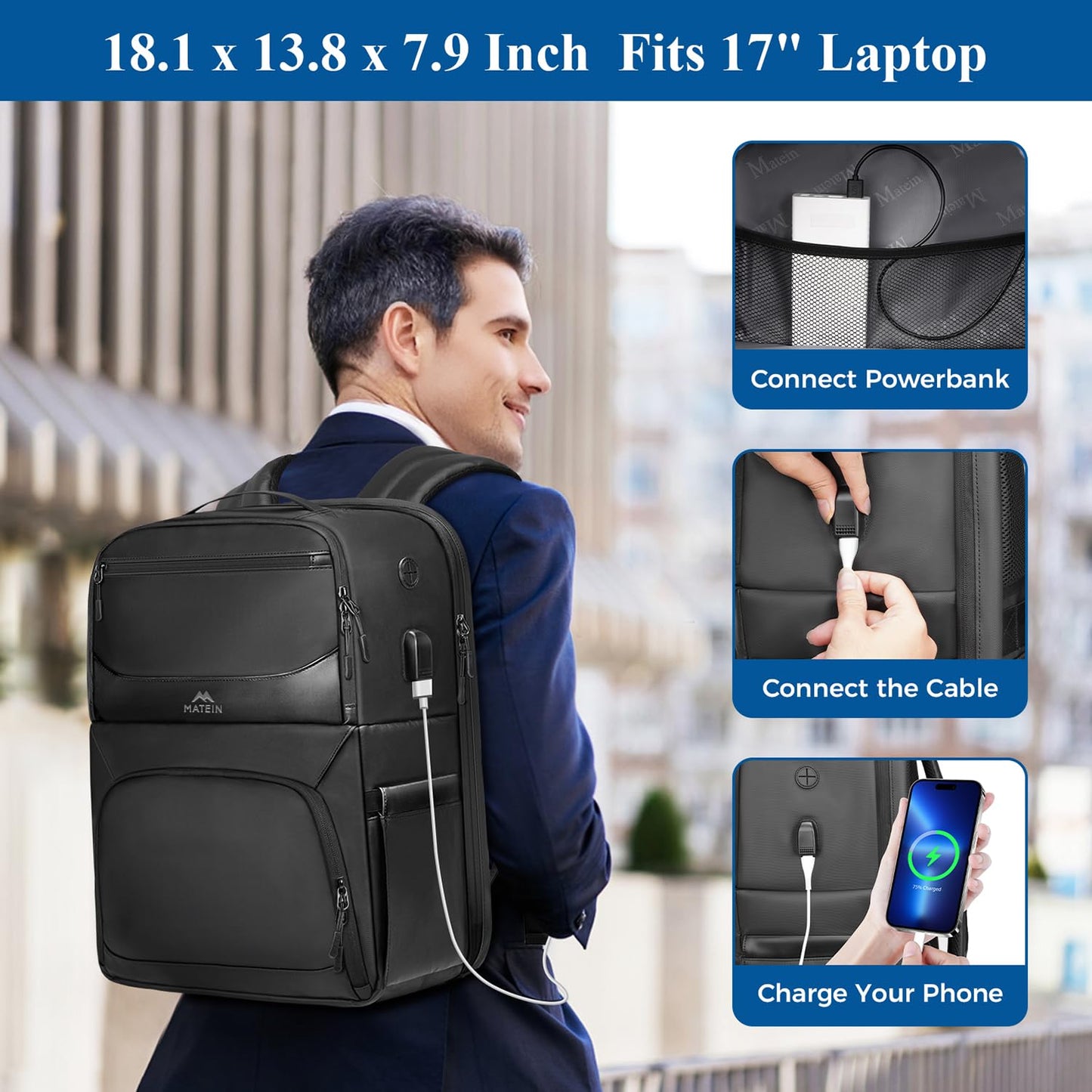 MATEIN Work Backpack with Lunch Compartment, Waterproof PU-coated Meal Prep Backpack for Men with Cutlery Pocket, Large 17 Inch Laptop Back Pack with USB Port, Insulated Cooler Bag for Office Picnic
