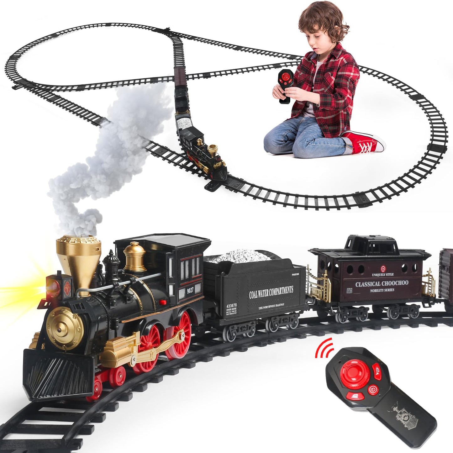 Train Set for Kids,Remote Control Electric Train Set for Children with Tracks,Steam Locomotive Engine w/Smoke Sound Light Cargo Vehicle,Christmas Birthday Toys for Boy for 3 4 5 6 7 8+ Year Old Kids