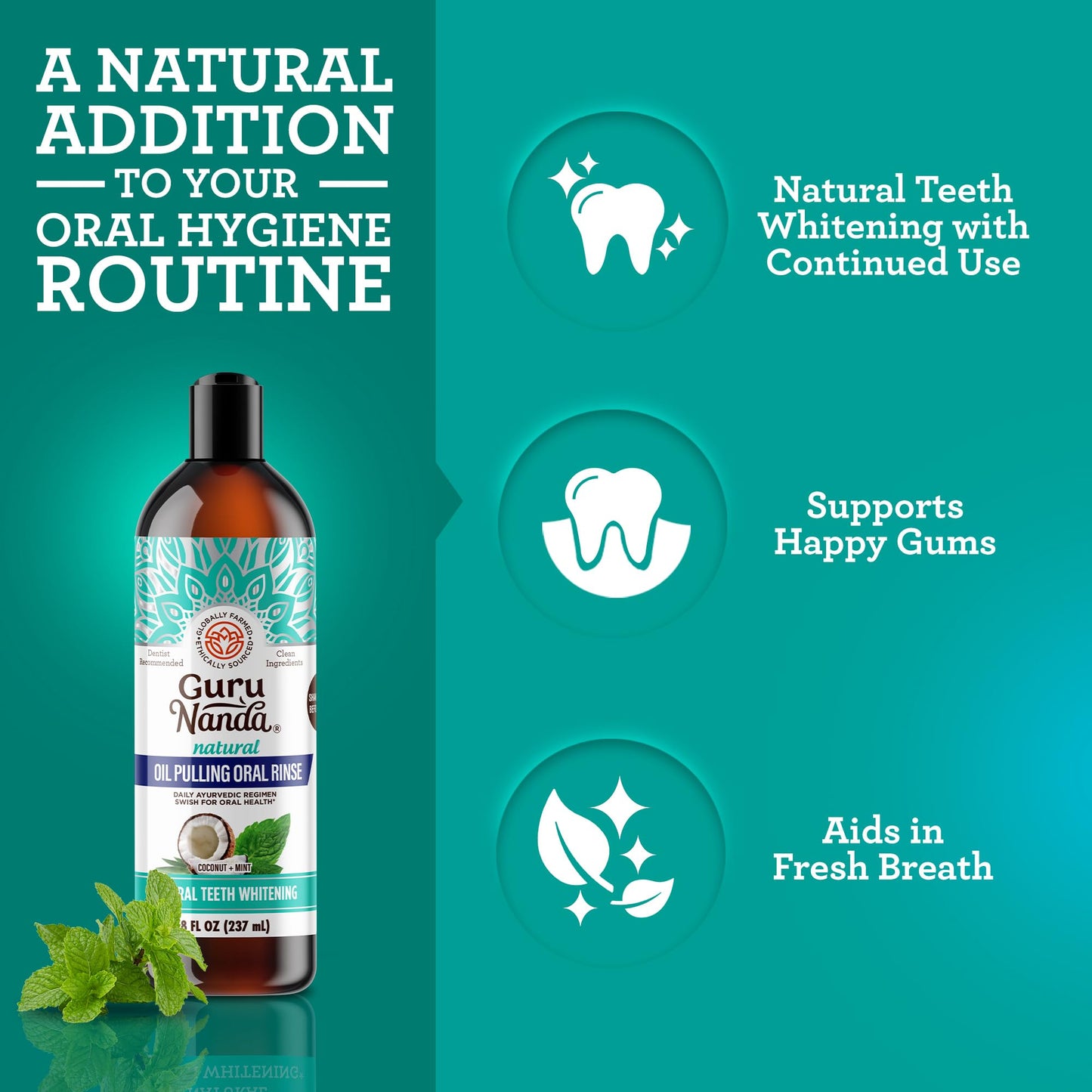 GuruNanda Coconut Oil Pulling, Fresh Breath & Whitening Mouthwash, 7 Essential Oils & Vitamins for Healthy Teeth & Gums,Alcohol-Free, 3X8 oz