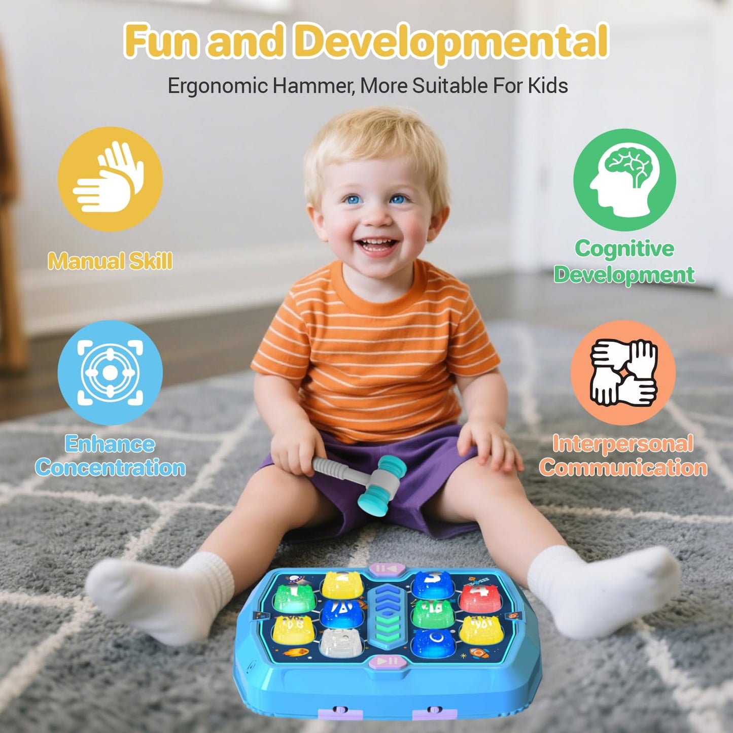 WAYKEE Whack Mole Game for Toddlers, Toys for 3 4 5 6+ Year Old Boys Girls, Interactive Toddler Boy Girl Toys with 3 Modes & 2 Hammers, Sound & Light, Birthday for 3-10 Year Old Boys Girls
