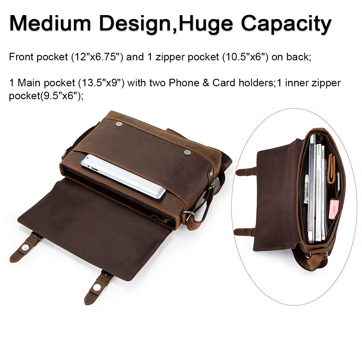 Contacts Crazy Horse Leather Messenger Bag for Men 12 Inch Laptop Briefcase Computer Shoulder Bag Travel Business (Brown)
