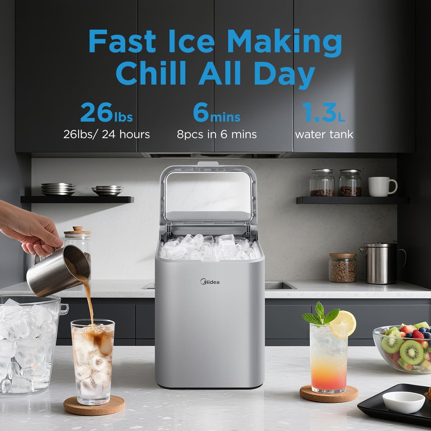 Midea MERI26B1AGY Countertop Bullet-Ice Maker, 8 Ice Bullets Ready in 6 Minutes, 26lbs/24H, Self-Cleaning Function with Ice Scoop and Basket for Home/Office/RV