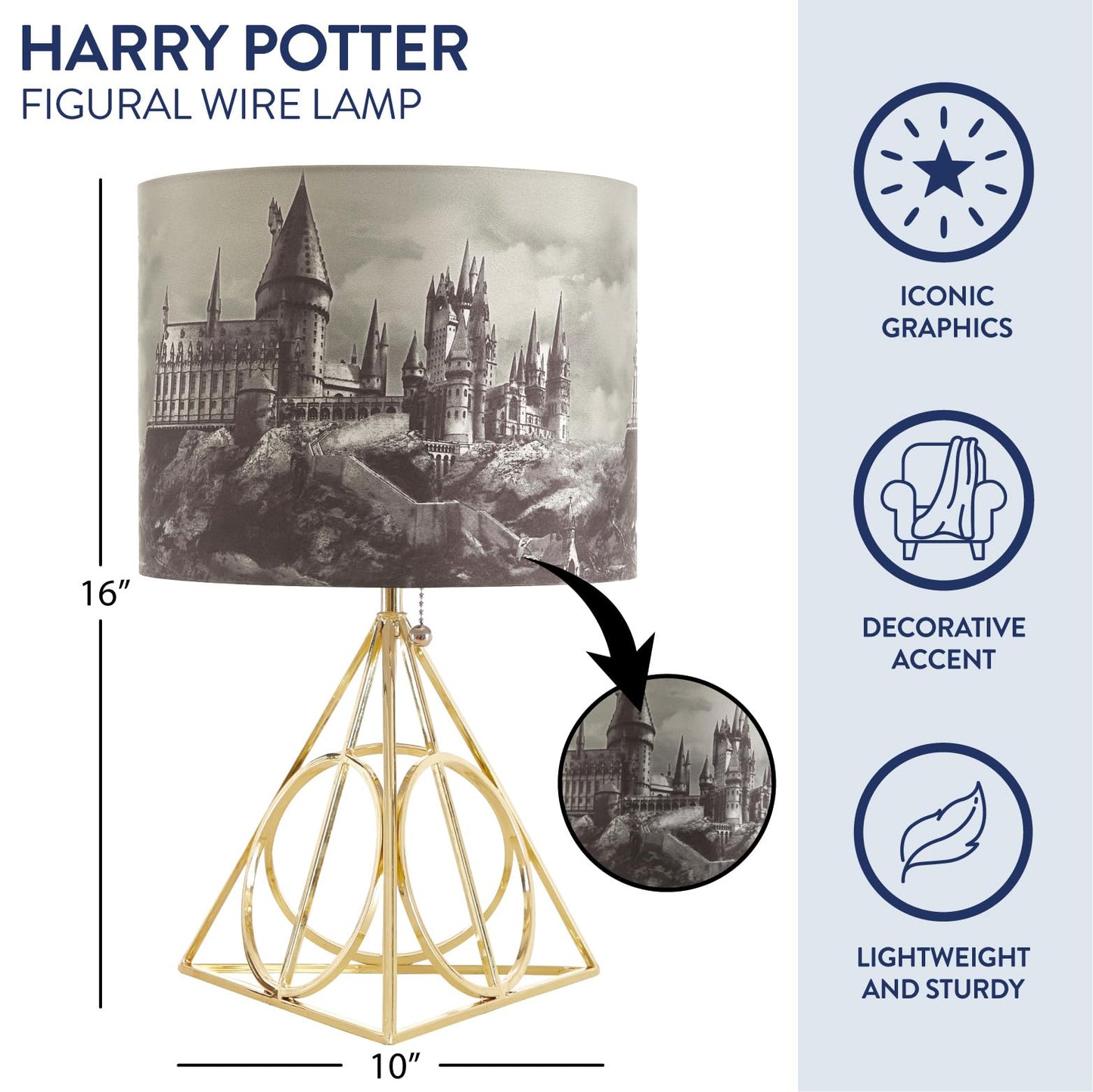 Harry Potter Figural Table Lamp – 16" Tall Gold Wire Base with Printed Hogwarts Shade, Decorative Kids Desk or Nightstand Lamp for Bedroom, Playroom, or Study Area