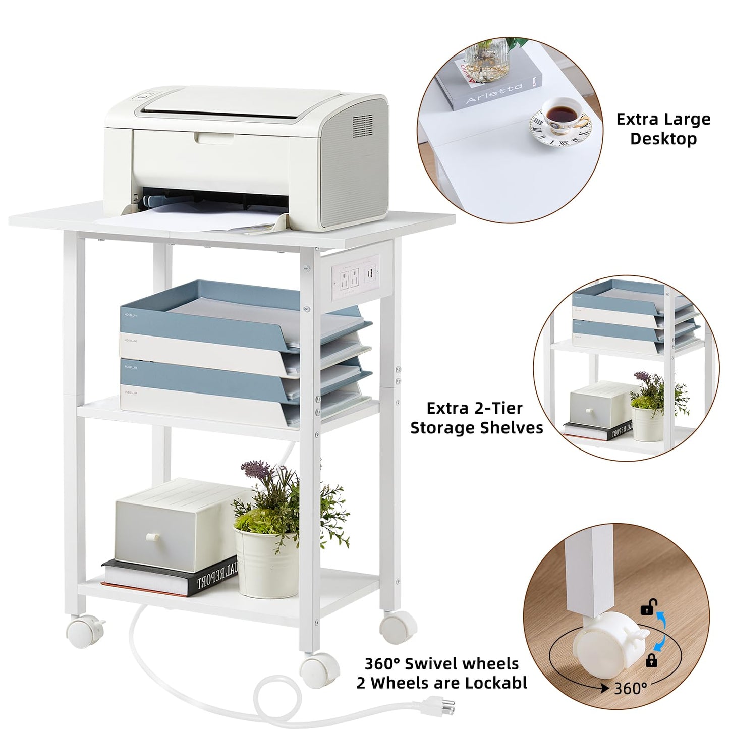 Lerliuo 3-Tier Printer Stand with Charging Station, Industrial Mobile Printer Table with Storage Shelf and Steel Frame, Rolling Printer Cart Holder with Lockable Wheels for Home, Office (White)