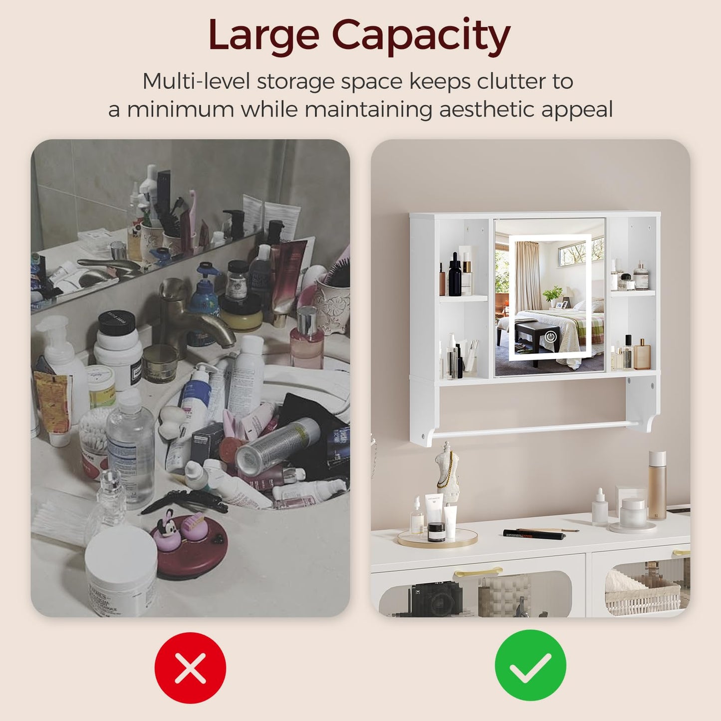 MAHANCRIS Bathroom Wall Cabinet with Mirror, Wall Mounted Medicine Cabinet with Color Adjustment LED Lights, Mirrored Over The Toilet Storage Cabinet with Adjustable Shelves, 23.6''W x 21.6''H, White