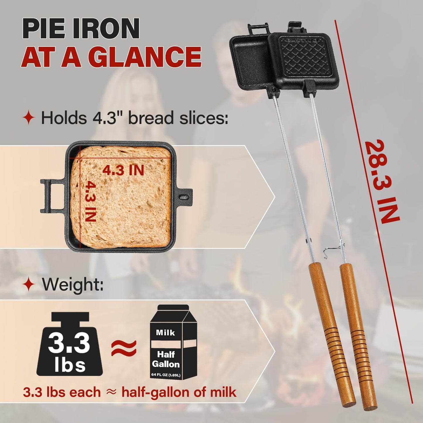 CASTIVO Mountain Pie Maker Cast Iron, Campfire Pie Iron, Hobo Pie Maker for Camping, 2-Pack