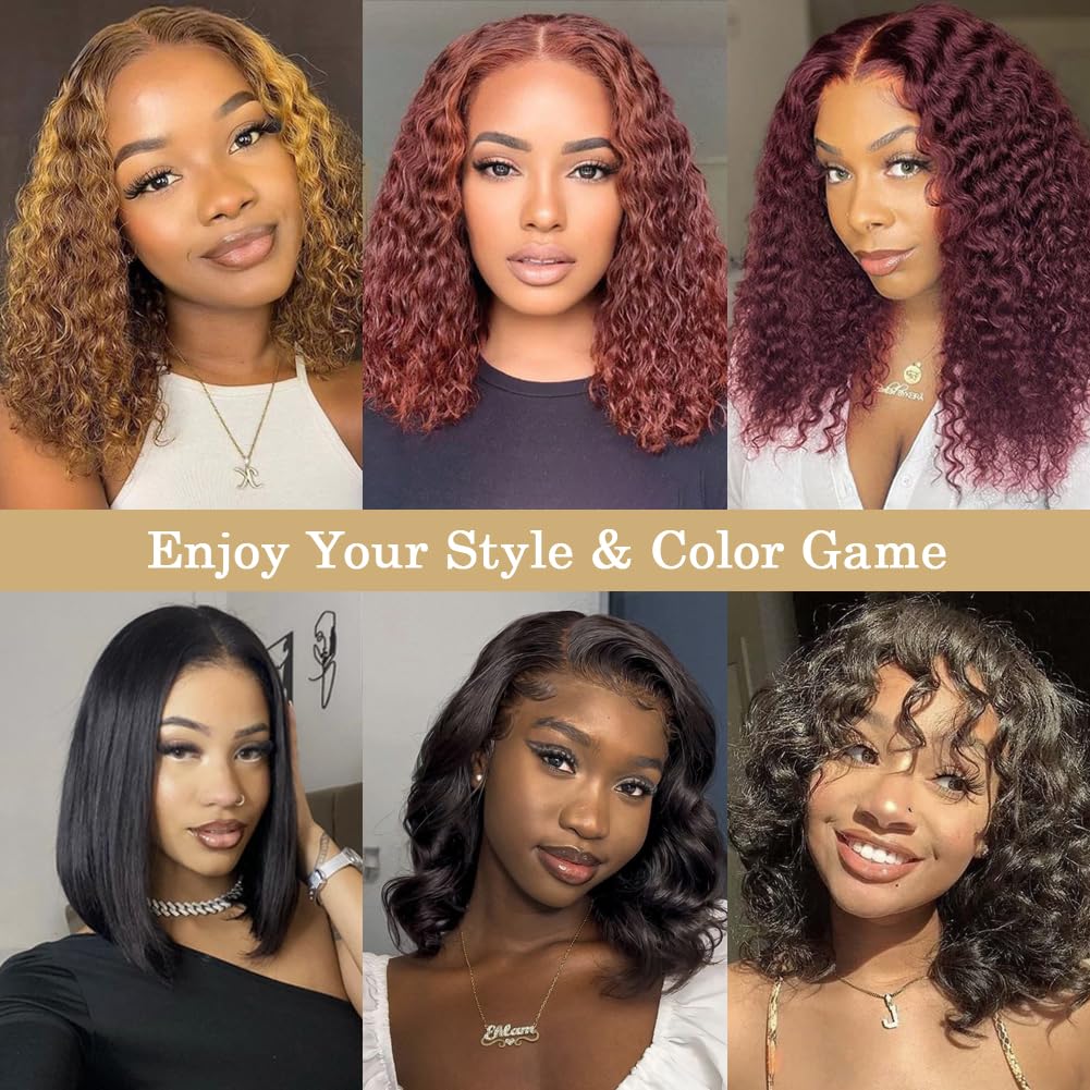 ACQUET 14 Inch Curly Bob Wig Human Hair 13x4 Lace Front Wigs Pre Cut Lace Curly Human Hair Wig For Women 180% Density Water Wave Glueless Wigs Human Hair Pre Plucked For Beginners