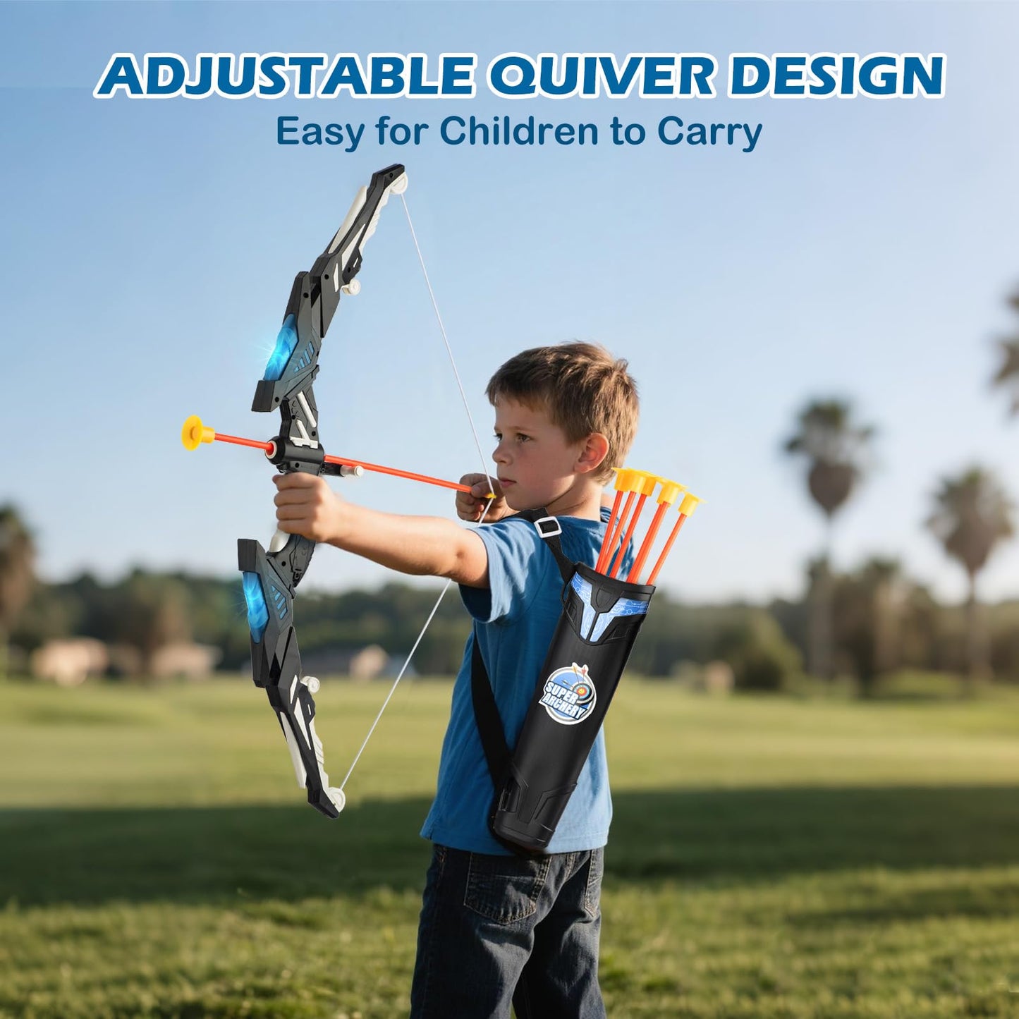 Kids LED Standing Archery Set with Bow & Arrows – Outdoor Sports Toy for Boys & Girls Ages 4-12, Safe & Fun Target Practice Game, Blue