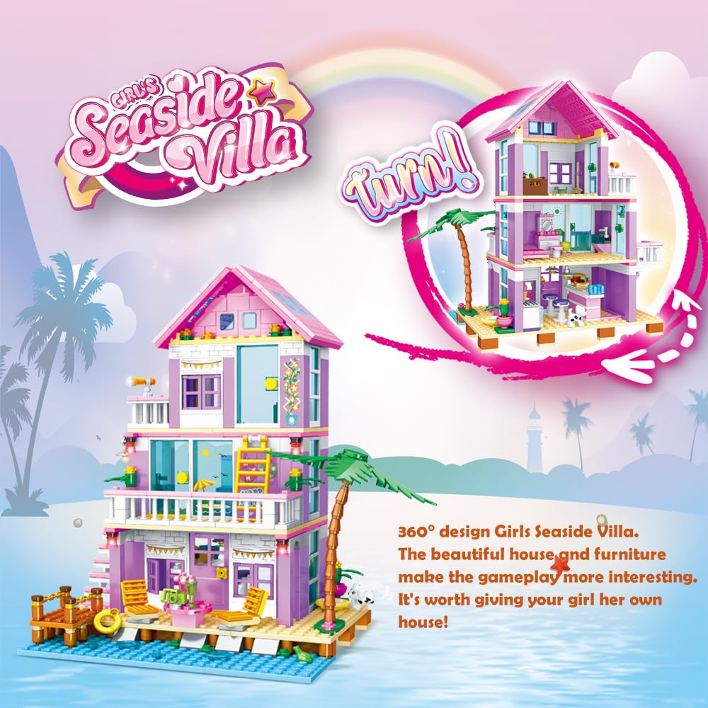 PUSITI Seaside Villa Building Set 573 Pieces Toys for Girls Building Blocks House Toys Beach Villa Construction Toys Holiday Cottage Bricks Toys for Girls Age 6+