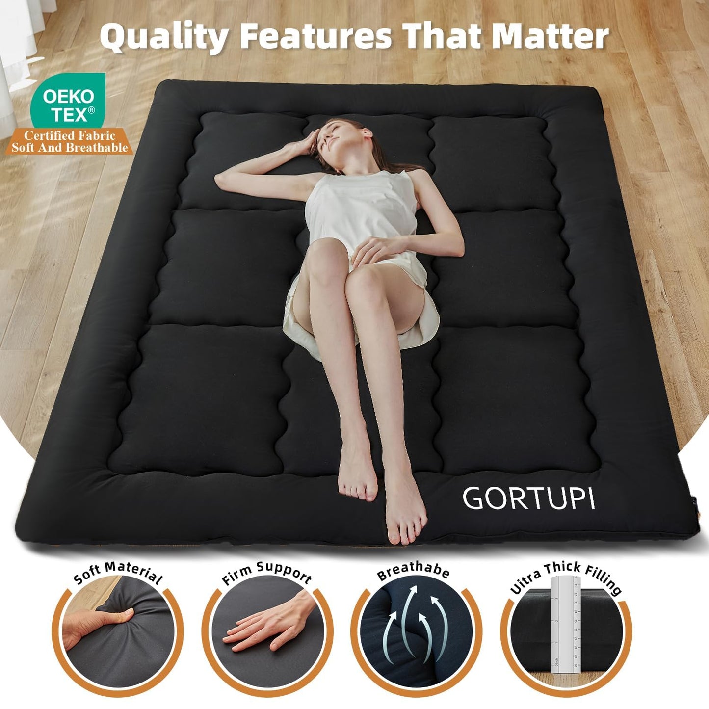 GORTUPI Japanese Floor Mattress,Futon Mattress 3" Black Thicken 100% High Density Comfortable Foam,Foldable Tatami Mat Sleeping Pad,Portable Floor Mattress Sleeping Pad for Adults,Twin Size 39"x 80"