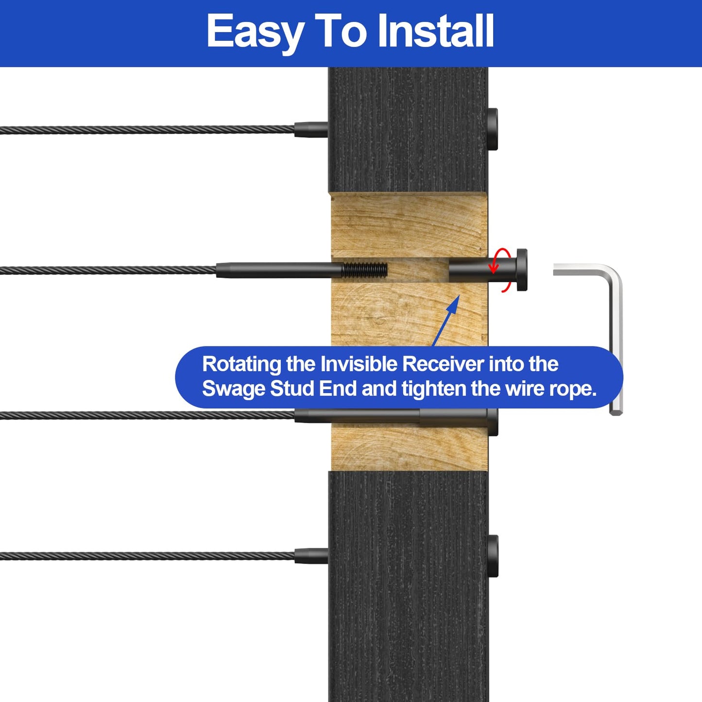 CKE 50 Pack Black Invisible Cable Railing Kit, T316 Stainless Steel Swage Tensioner Terminal for 1/8" Cable Railing System, Invisible Receiver and Stud End Hardware for 2x2 Wood & Metal Post BCR31