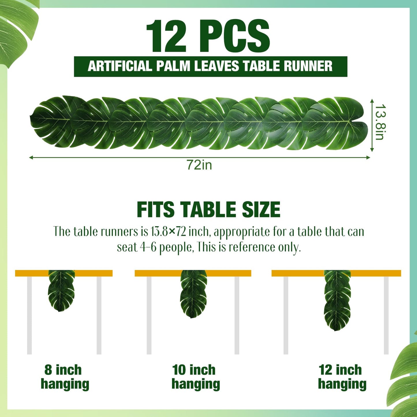 12 Pcs Artificial Palm Leaves Table Runners 72 Inch Long Tropical Palm Leaves Table Runner Faux Leaf Cloth for Wedding Hawaiian Luau Theme Party Supply Summer Decoration