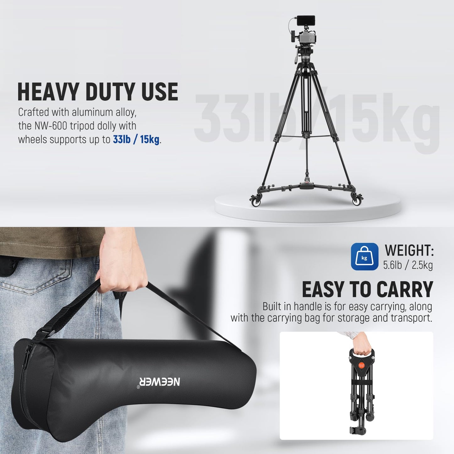 NEEWER Photography Tripod Dolly, Heavy Duty 50lbs Capacity Tripod Wheels with 3" Rubber Wheels for DSLR Cameras Camcorder Photo Video Lighting