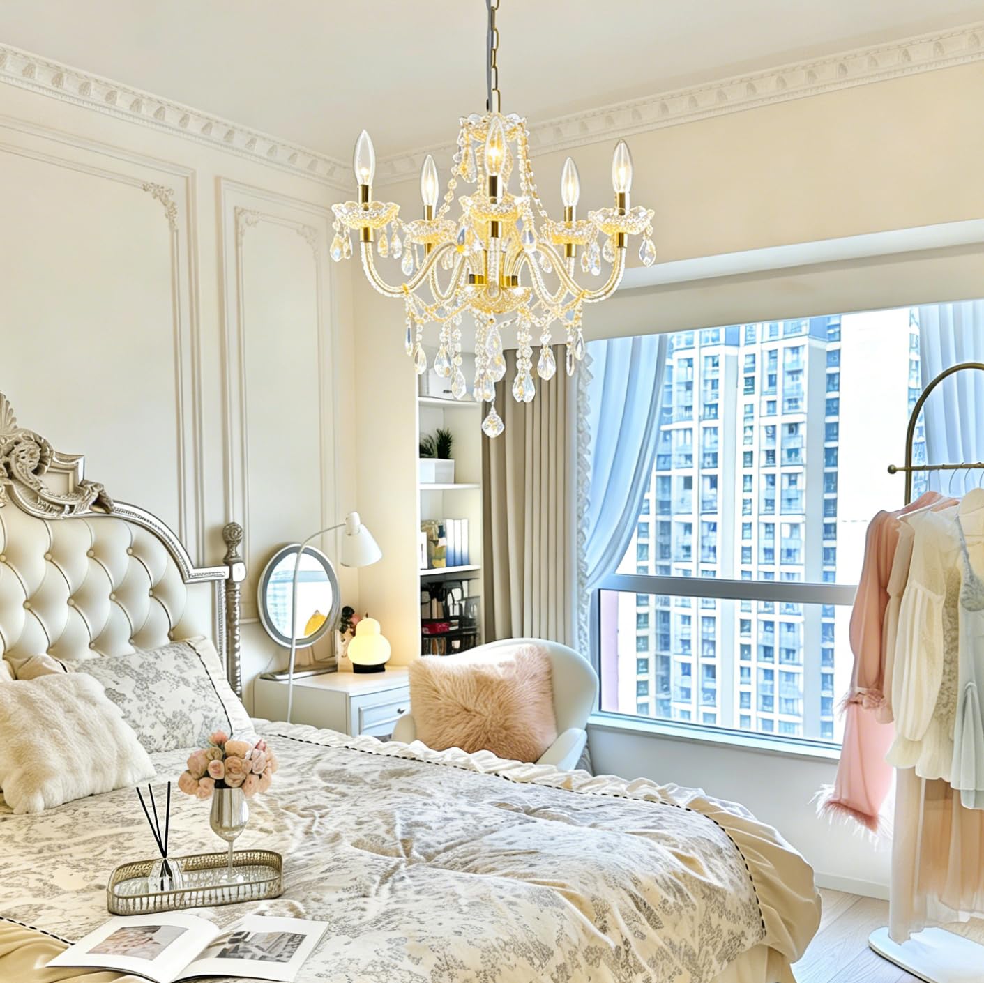 PAPAYA Plug-in 5 Light Gold Crystal Hanging Pendant Lights Acrylic Chandelier with Cord & On/Off Switch H19 D19.7 for Kitchen Island Girls' Room Dining Area Laundry Pavilion