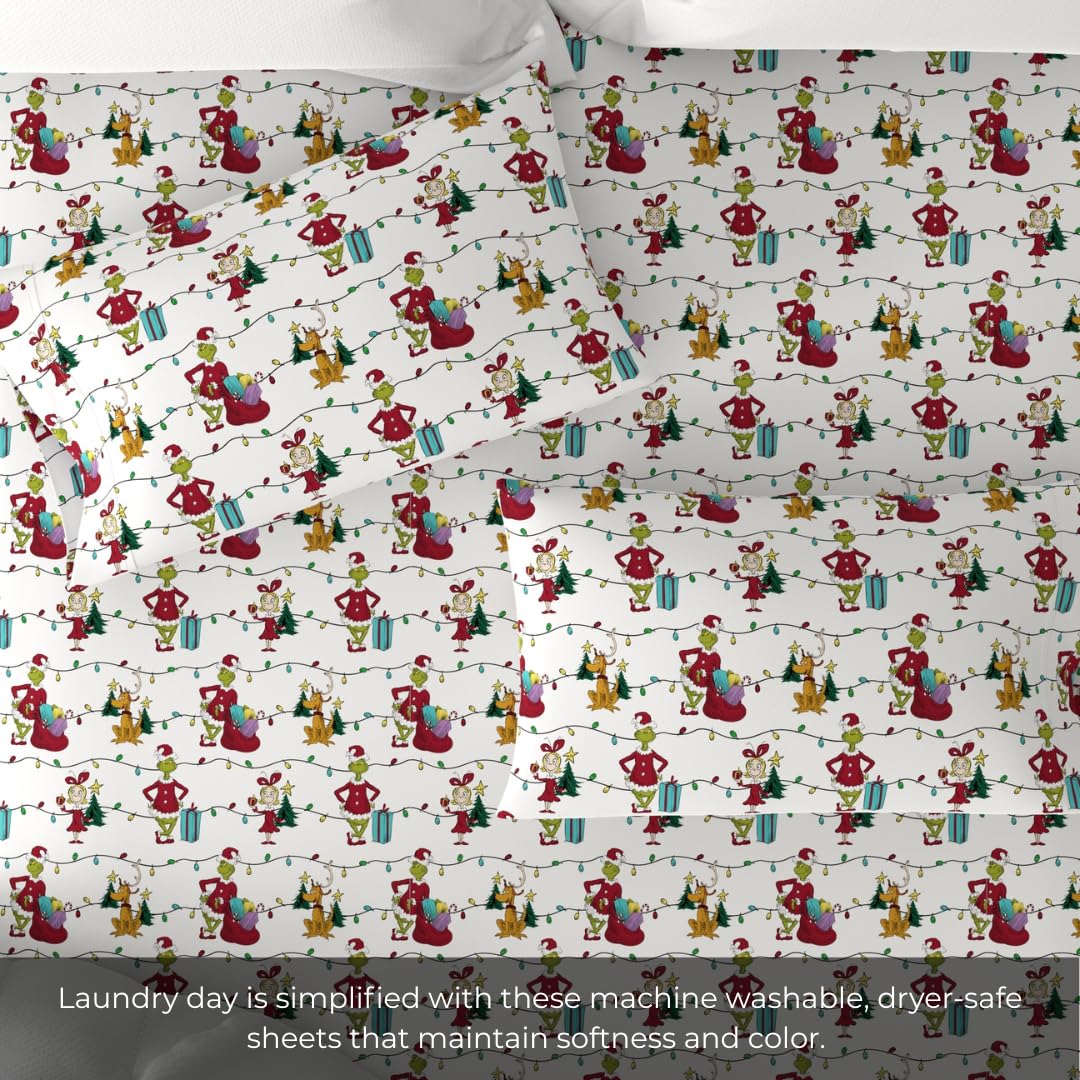 Grinch by Dr. Seuss Holiday & Christmas Bedding Super Soft 100% Cotton Flannel Sheet Set, Queen, (Officially Licensed Product) By Franco