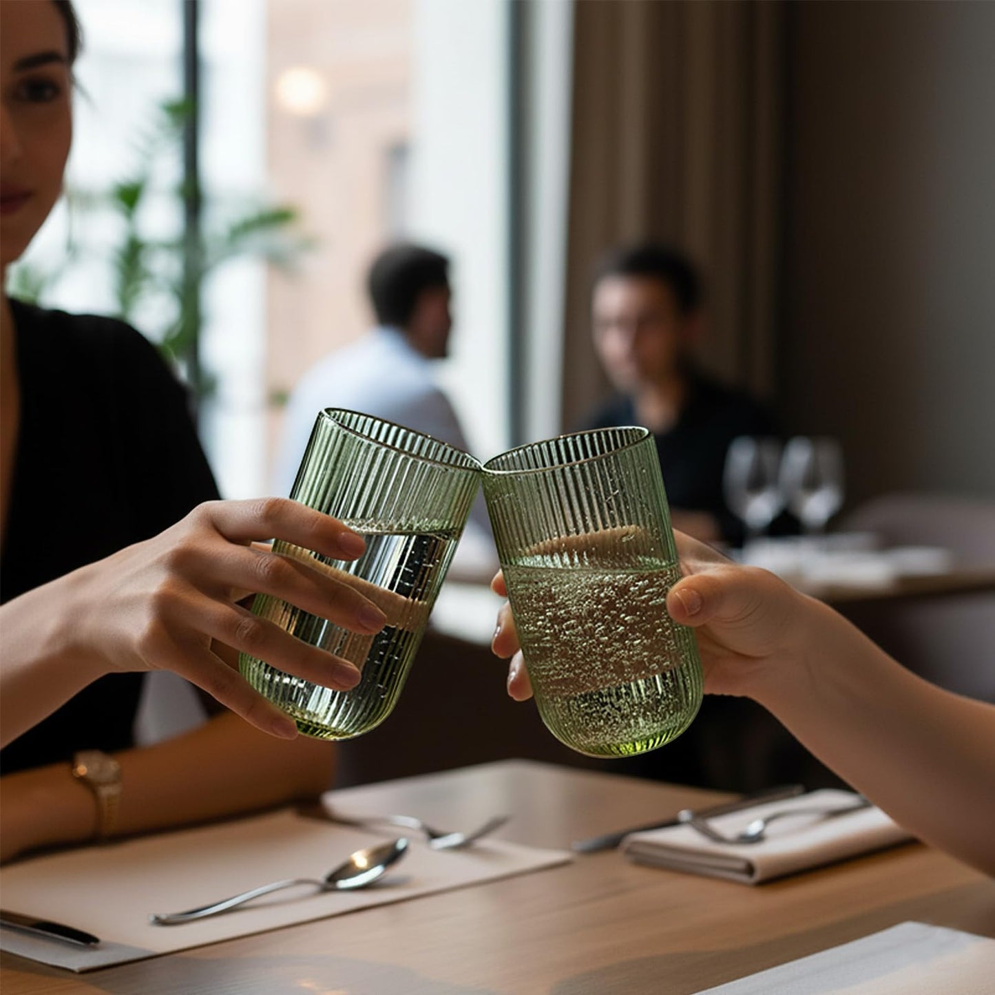 WeirdUncle Set of 8 Ribbed Glassware,4 Highball Glasses 14oz & 4 Rocks Drinking Glasses 9oz, Green, Origami Style, Fluted Design, for Milk, Water, Cocktail, Juice, Beer, ToothBrush Cup, Gift