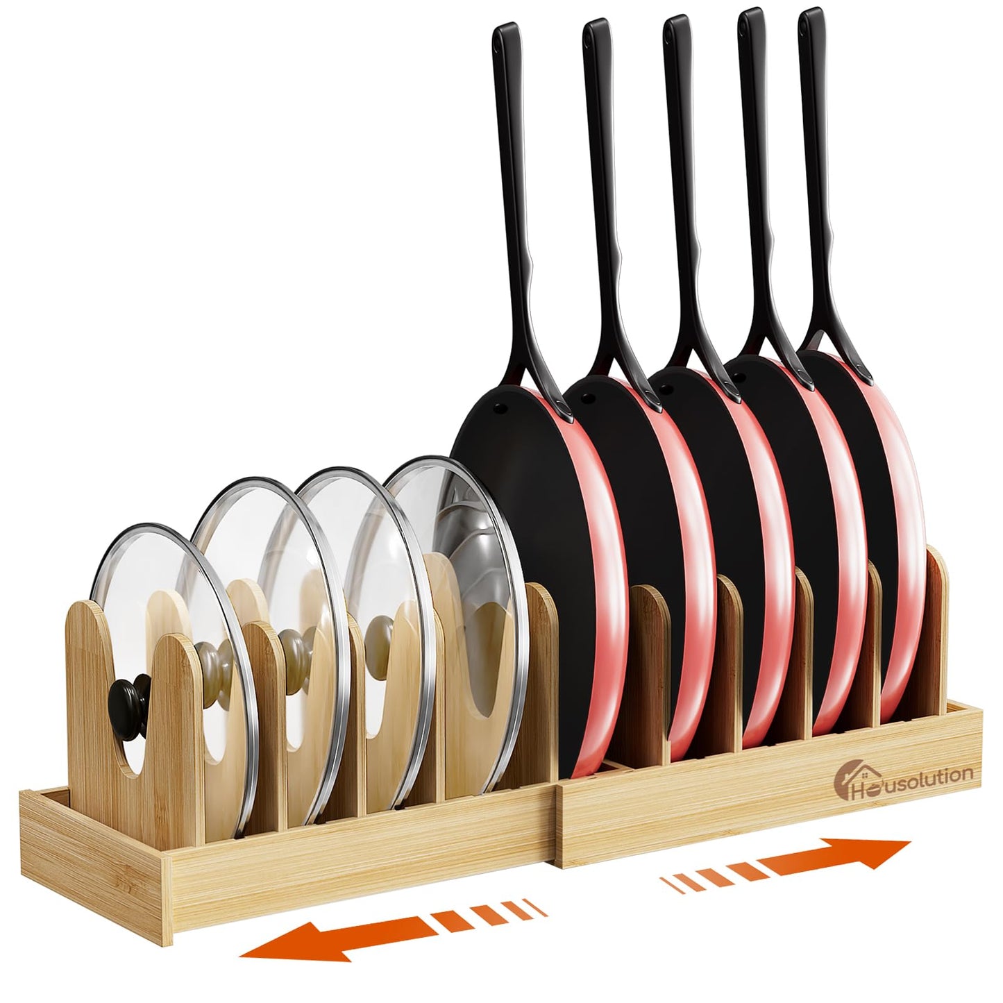 Housolution Bamboo Pot and Pan Organizer for Cabinet, 15"-29" Expandable Pot Lid Organizer with 10 Adjustable Dividers, Wooden Pan Holder Storage Rack, Fully Expanded Size 29.5" W x 8" D x 7.5" H