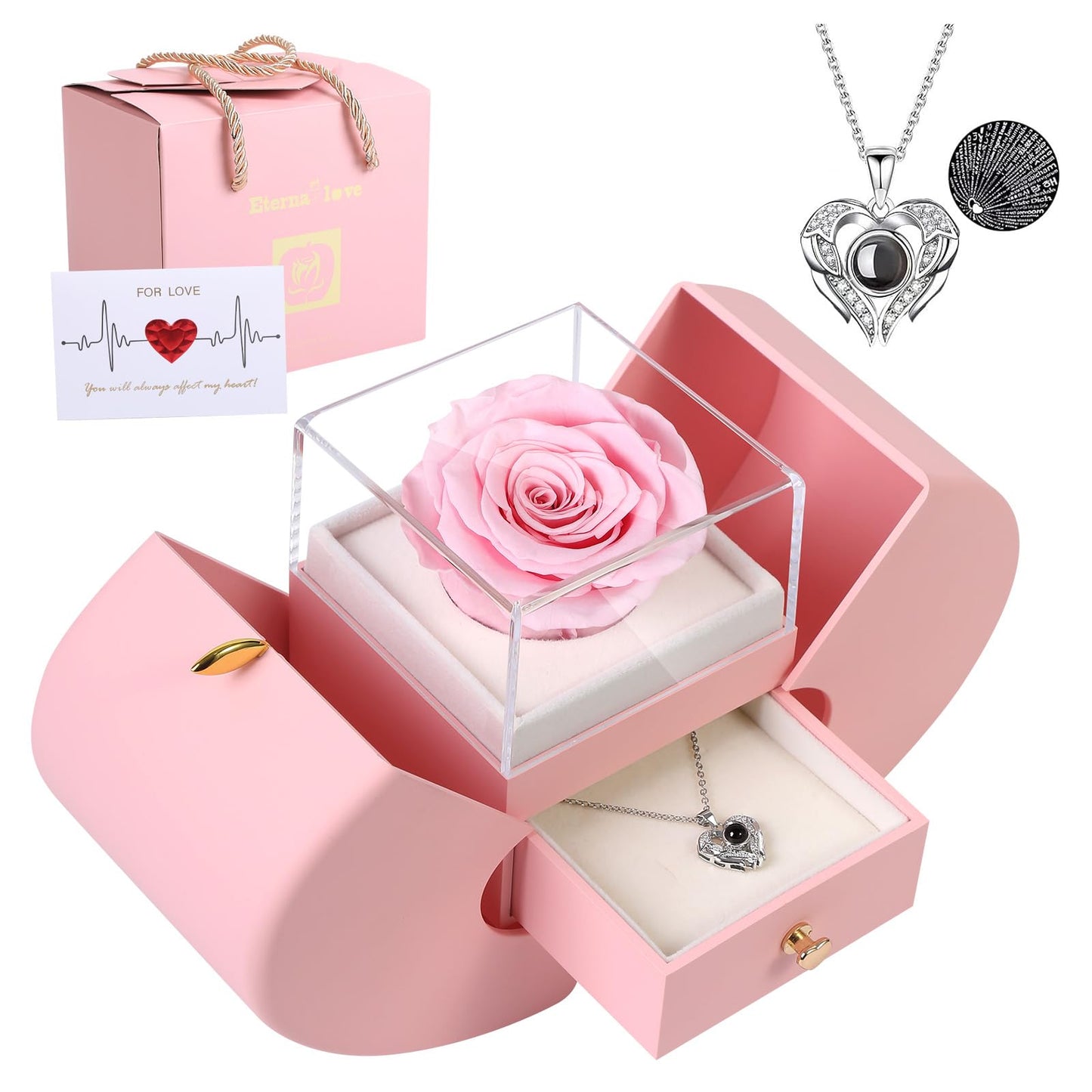 Preserved Real Pink Rose with I Love You Necklace 100 Languages, Gifts for Girlfriend, Women, Mom, Wife, Gifts Idea on Christmas, Valentine's Day, Mother's Day, Birthday, Anniversary, Thanksgiving
