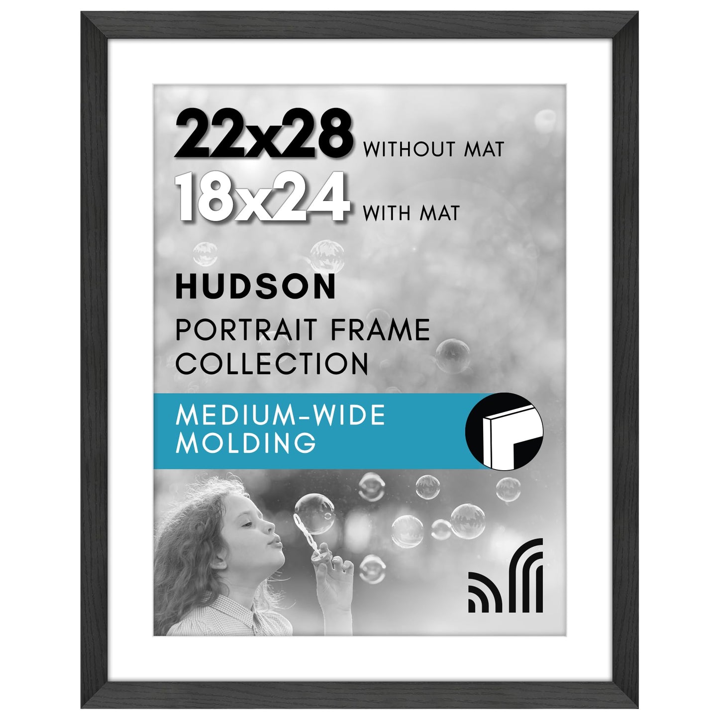 Americanflat 22x28 Poster Frame - Black Engineered Wood with Polished Plexiglass - Matted to 18x24 Photo Size - Hudson Collection - Wide Picture Frame for Wall Display - Black