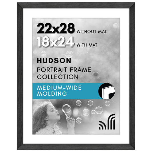 Americanflat 22x28 Poster Frame - Black Engineered Wood with Polished Plexiglass - Matted to 18x24 Photo Size - Hudson Collection - Wide Picture Frame for Wall Display - Black