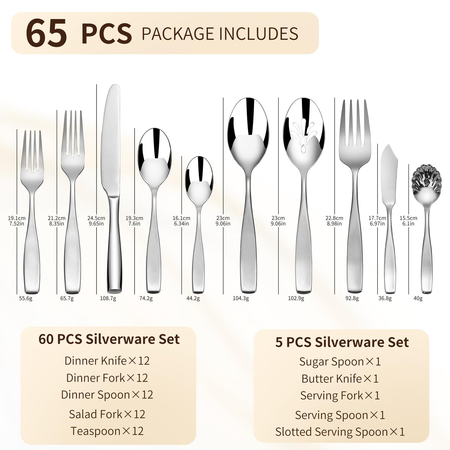 65-Piece 18/10 Stainless Steel Flatware Set for 12, Heavy Duty Silverware Set, Flatware Set with Serving Utensil, High End Mirror Polish and Satin Handle, Dishwasher Safe, Ideal for Gift