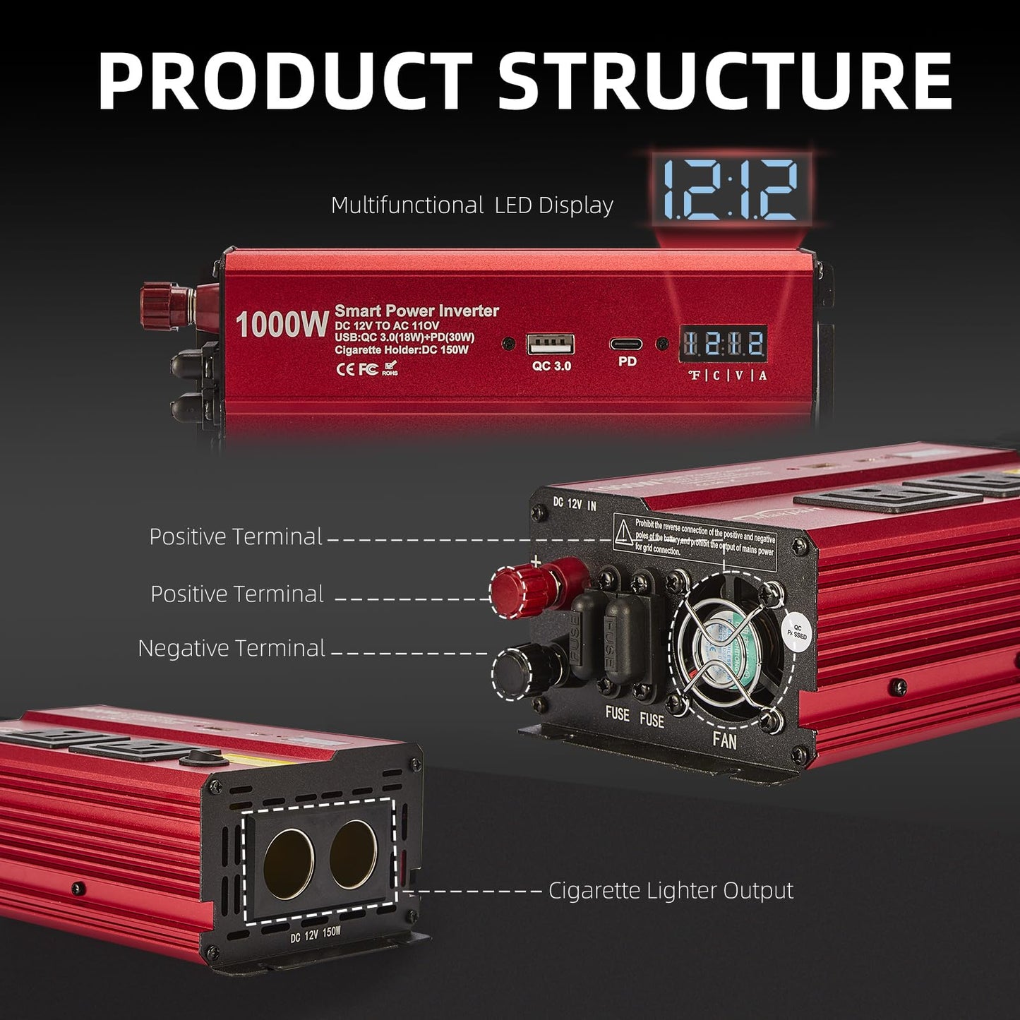 TWING Car 1000w Inverter,12v DC to 110v Power Inverters for Vehicles 1000 watt with Dual AC Outlets 3.0A USB and Type-C,12 Volt Inverter Car Cigarette Lighter Battery