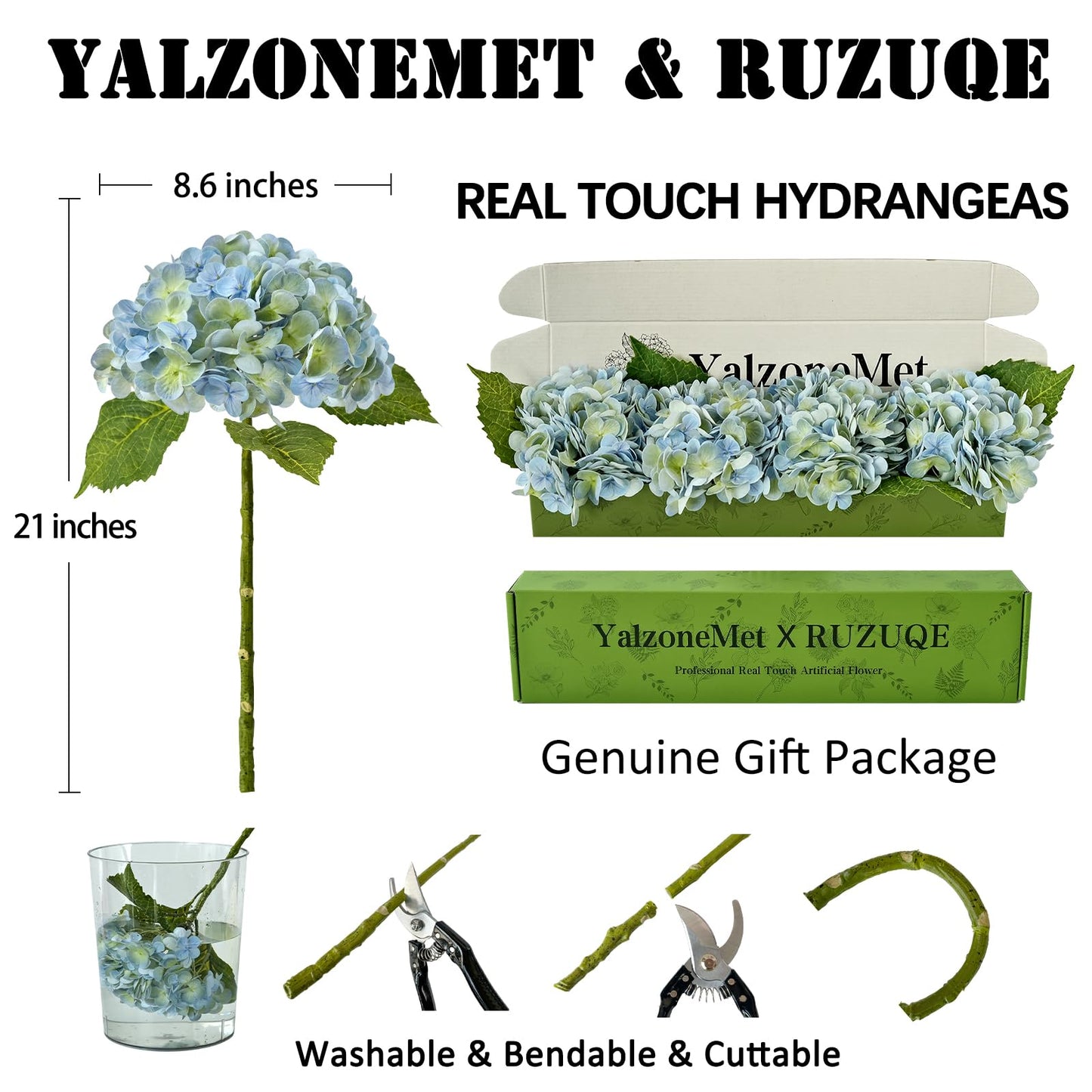 YalzoneMet 4Pcs Light Blue-Green Real Touch Hydrangea Artificial Flowers 21'' Faux Latex Hydrangea Flowers for Wedding Table Centerpieces Fake Flowers for Party Home Kitchen Living Room Decor