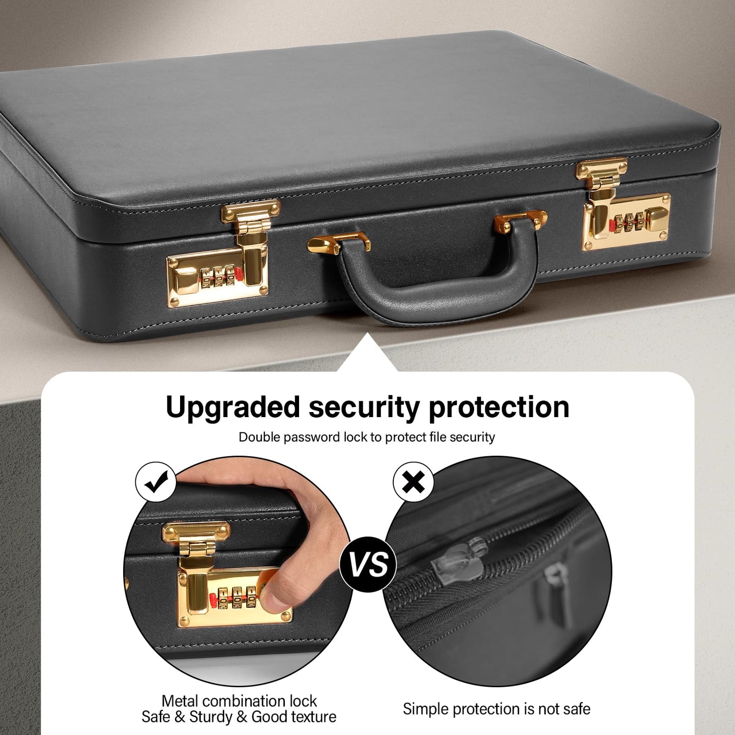 BAGAKE Briefcases - 18.1 x 3.47 x 16.14 Inch Attache Briefcase with Dual Combination Lock, PU Leather Locking Briefcase for Personal Items, Documents, Laptop, Phone, Passport, Valuables - Large/Black