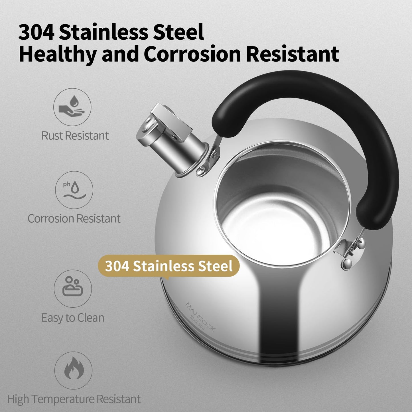 MAXCOOK Tea Kettle, 5.7QT 6L Whistling Tea Kettle for Stove Top, 304 Stainless Steel Tea pot, Large Teapot for stovetop, Camping Kettle for Boiling Water (Mirror Polish)
