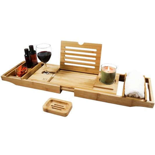 XcE Bathtub Caddy Tray Expandable to 105cm with Bamboo Book Stand and Soap Tray, Natural