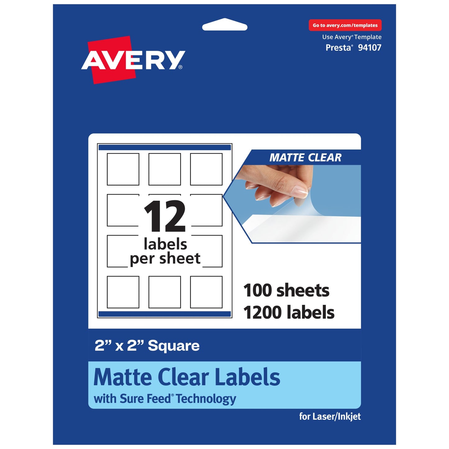 Avery Matte Clear Square Labels with Sure Feed, 2" x 2", 1,200 Matte Clear Labels, Print-to-The-Edge, Laser/Inkjet Printable Labels