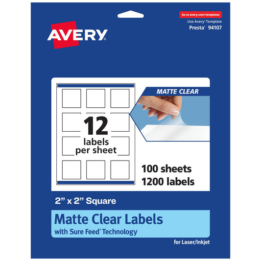 Avery Matte Clear Square Labels with Sure Feed, 2" x 2", 1,200 Matte Clear Labels, Print-to-The-Edge, Laser/Inkjet Printable Labels